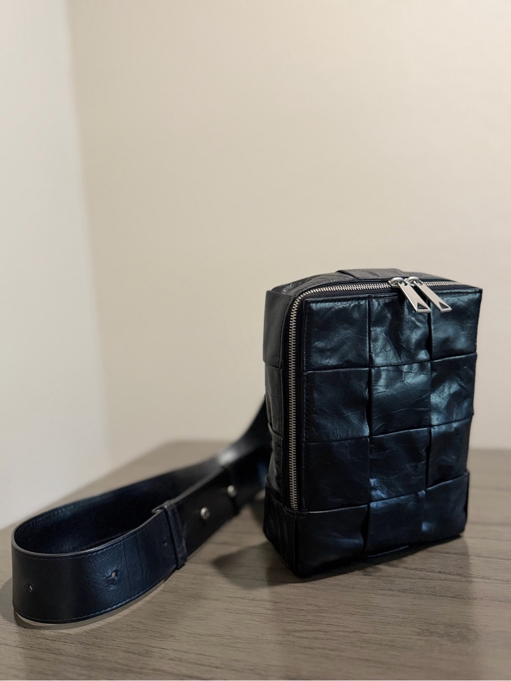 Bottega Veneta Black Leather Woven Bumbag / Crossbody Bag